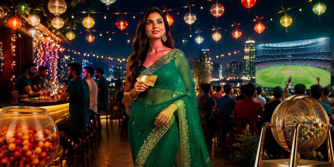 Woman using mobile phone to bet on cricket in neon-lit India setting