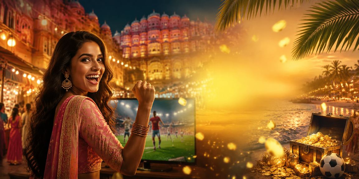 Jaipur beach area illuminated with neon lights promoting cashback bonuses