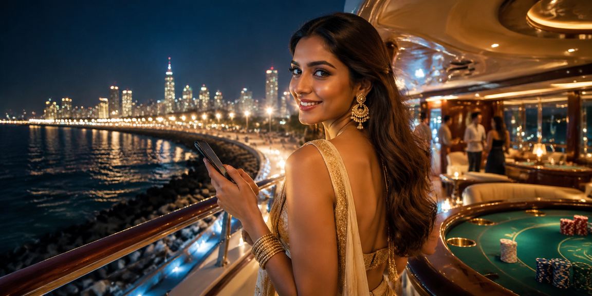 Night cityscape showing Mumbai Marine Drive and mobile rummy betting in India